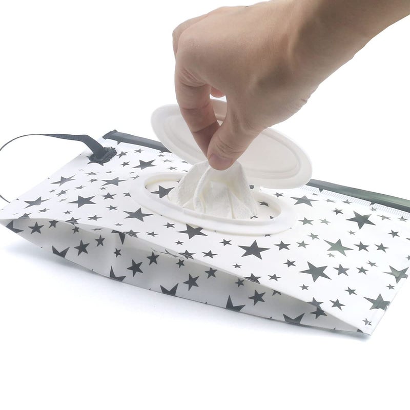 FKEYTO Baby Wipe Dispenser,Portable Refillable Wipe Holder Wipe Dispenser Bag Reusable Travel Wet Wipe Pouch (black & white stars) - Image 4